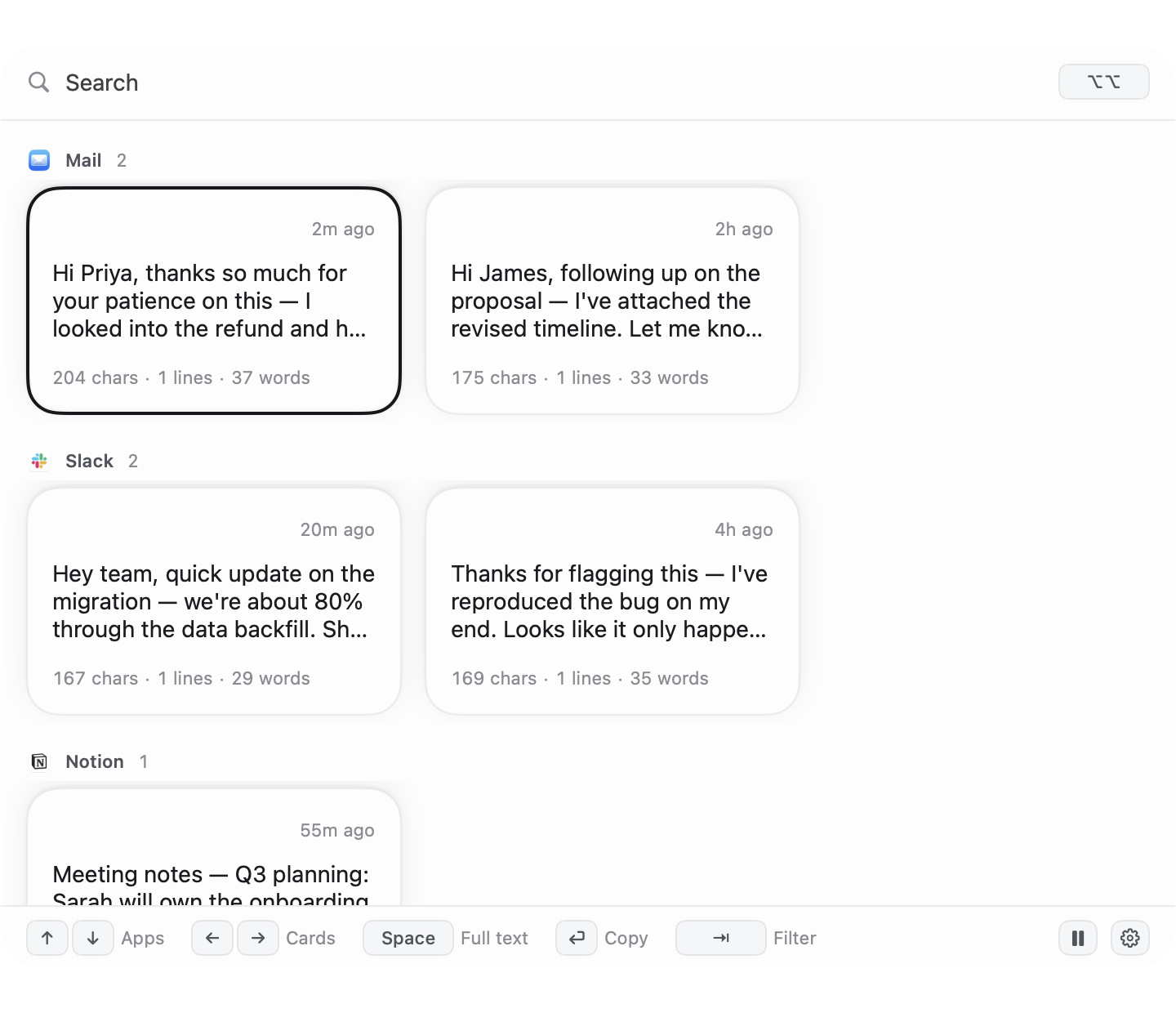 Recap recall popup showing recovered drafts from Mail, Slack, and Notion
